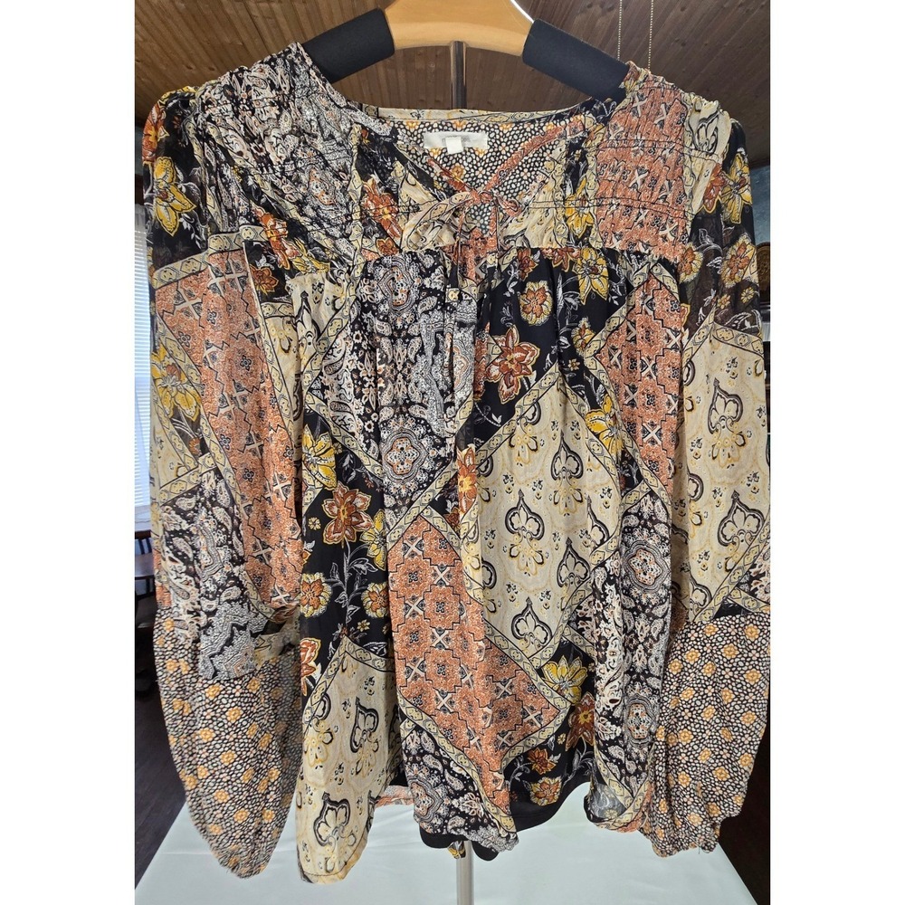 Maurices Womens XS Patchwork Floral Paisley Blouse Long Sleeve Tie Neck Lined